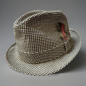 Vintage Dobbs Fifth Avenue Houndstooth Fedora Hat Feather Wool Lined Classic